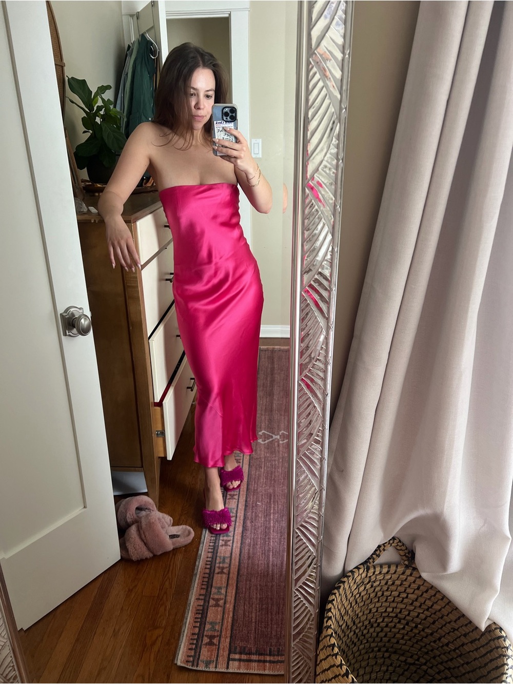 Reformation Strapless Satin Slip Dress - Hot Pink